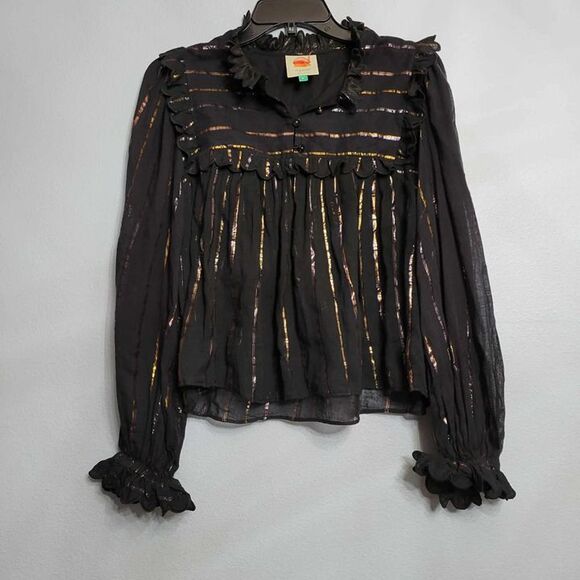 Farm Rio Black Metallic Stripe Ruffle Blouse Sheer Womens Size SM - Picture 1 of 7
